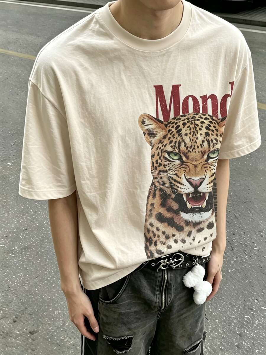 IslaSuriya Men's Animal Print Crew Neck Short Sleeve T-Shirt Vacation Date Night Beige Summer Streetwear - Multicolor - View 1