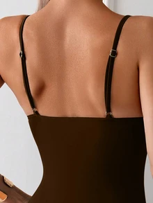 Swim Basics Women's Solid Color Spaghetti Strap One-Piece Swimsuit For Vacation And Beach Summer - Brown - View 4