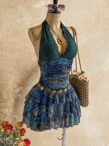 Soleia 秋冬復古斑馬紋領結V領抓褶網紗浪漫度假風女款短洋裝，夜店風 - 綠色 - 查看 3