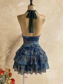 Soleia 秋冬復古斑馬紋領結V領抓褶網紗浪漫度假風女款短洋裝，夜店風 - 綠色 - 查看 2