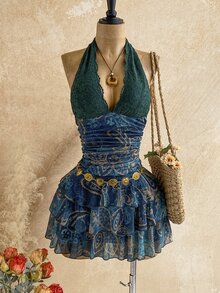 Soleia 秋冬復古斑馬紋領結V領抓褶網紗浪漫度假風女款短洋裝，夜店風 - 綠色 - 查看 5