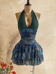 Soleia 秋冬復古斑馬紋領結V領抓褶網紗浪漫度假風女款短洋裝，夜店風 - 綠色 - 查看 7
