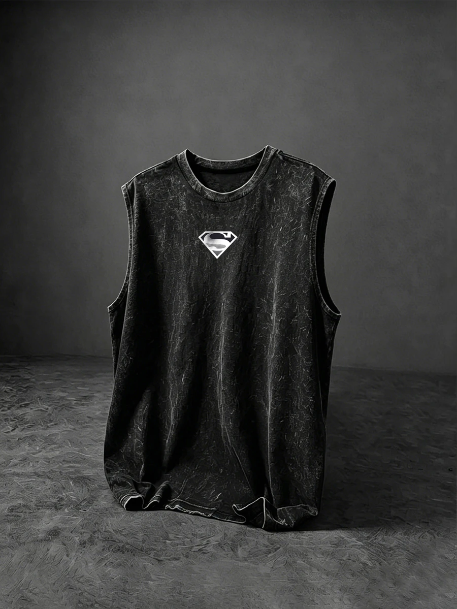 SUPERMAN X SHEIN 男士印花休閒圓領運動背心,適合健身、健身房 - 黑色 - 查看 1