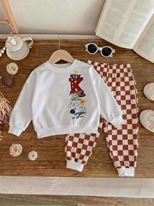 Two Pieces Summer Street Style Cute Casual Knit Sweatshirt + Plaid Pants Set, Baby Boy Style, Red, Street Style Set, Baby Boy Set, Cute Set. - Multicolor - View 3