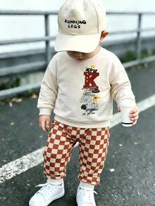 Two Pieces Summer Street Style Cute Casual Knit Sweatshirt + Plaid Pants Set, Baby Boy Style, Red, Street Style Set, Baby Boy Set, Cute Set. - Multicolor - View 1