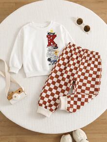 Two Pieces Summer Street Style Cute Casual Knit Sweatshirt + Plaid Pants Set, Baby Boy Style, Red, Street Style Set, Baby Boy Set, Cute Set. - Multicolor - View 4