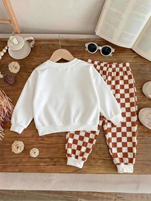 Two Pieces Summer Street Style Cute Casual Knit Sweatshirt + Plaid Pants Set, Baby Boy Style, Red, Street Style Set, Baby Boy Set, Cute Set. - Multicolor - View 2