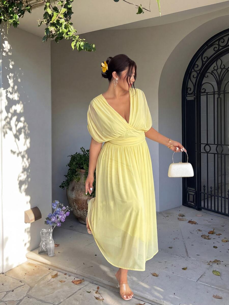 Firerie Plus Size Women's Solid Color Deep V-Neck Ruched Waist Elegant Party Dress Women Yellow Summer Midi Wedding Guest For - Light Yellow - View 1