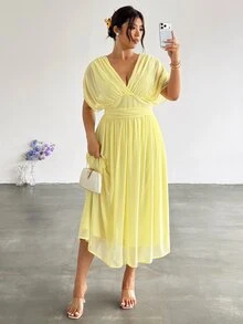 Firerie Plus Size Women's Solid Color Deep V-Neck Ruched Waist Elegant Party Dress Women Yellow Summer Midi Wedding Guest For - Light Yellow - View 7