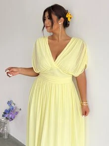 Firerie Plus Size Women's Solid Color Deep V-Neck Ruched Waist Elegant Party Dress Women Yellow Summer Midi Wedding Guest For - Light Yellow - View 4