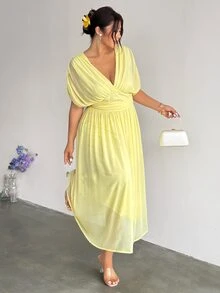 Firerie Plus Size Women's Solid Color Deep V-Neck Ruched Waist Elegant Party Dress Women Yellow Summer Midi Wedding Guest For - Light Yellow - View 6
