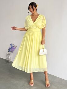 Firerie Plus Size Women's Solid Color Deep V-Neck Ruched Waist Elegant Party Dress Women Yellow Summer Midi Wedding Guest For - Light Yellow - View 8