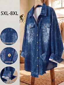 SHEIN CURVE+ 大尺碼休閒牛仔印花襯衫，適合通勤、夏季穿搭、度假穿搭、沙灘穿搭、秋季 - 彩色 - 查看 1