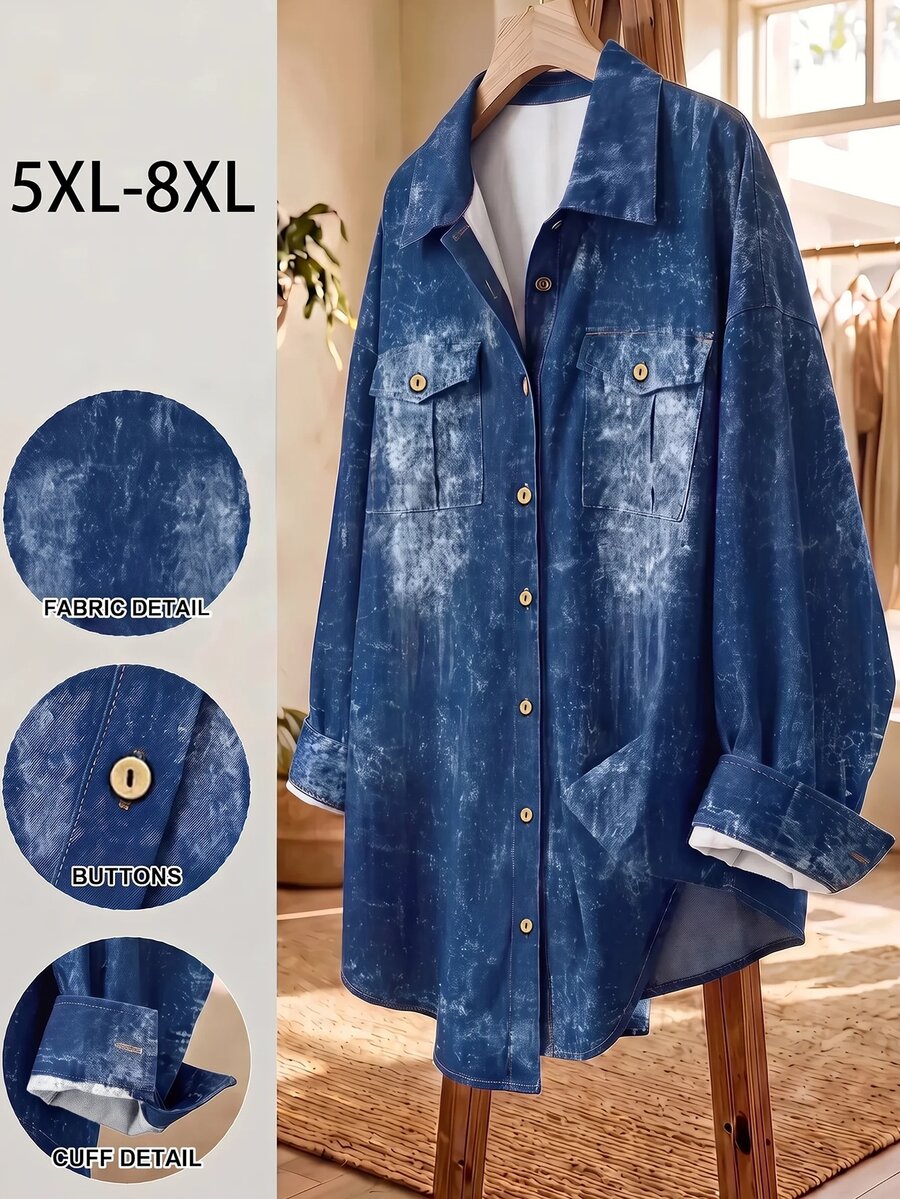 SHEIN CURVE+ 大尺碼休閒牛仔印花襯衫,適合通勤、夏季穿搭、度假穿搭、沙灘穿搭、秋季 - 彩色 - 查看 1