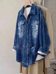 SHEIN CURVE+ 大尺碼休閒牛仔印花襯衫，適合通勤、夏季穿搭、度假穿搭、沙灘穿搭、秋季 - 彩色 - 查看 4