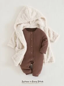 Cozy Pixies 新生兒男嬰女嬰卡通熊圖案保暖內裡加厚連帽長袖繫帶睡袍 秋冬款 - 米色 - 查看 8