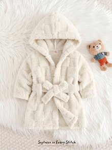 Cozy Pixies 新生兒男嬰女嬰卡通熊圖案保暖內裡加厚連帽長袖繫帶睡袍 秋冬款 - 米色 - 查看 3