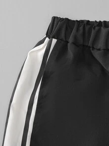 SHEIN 青少年男孩休閒運動風字母織帶拼接設計直筒長褲 - 黑色 - 查看 8