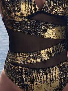 Bonvoyette Women's Sexy V-Neck Metallic Decor See-Through One-Piece Swimsuit For Beach Holiday - Black - View 7
