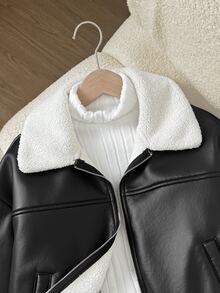 SHEIN 青少年女孩秋冬街頭風PU複合保暖內裡拼色翻領機車夾克，適合秋冬日常穿著 - 黑色 - 查看 5
