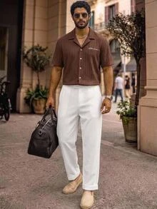 HIMLAND 2pcs/Set Men's Summer Casual Commute Vacation Outdoor Party Textured Cuban Collar Short Sleeve Shirt Set White Tropicoqueta Outfit - Multicolor - View 7