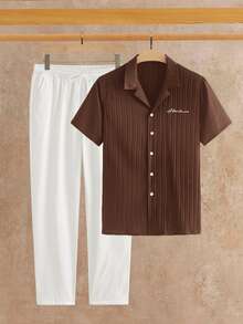 HIMLAND 2pcs/Set Men's Summer Casual Commute Vacation Outdoor Party Textured Cuban Collar Short Sleeve Shirt Set White Tropicoqueta Outfit - Multicolor - View 6