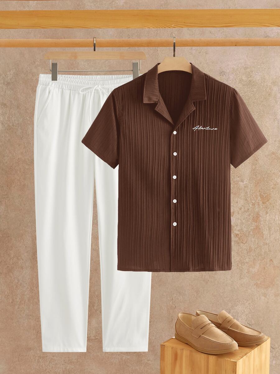 HIMLAND 2pcs/Set Men's Summer Casual Commute Vacation Outdoor Party Textured Cuban Collar Short Sleeve Shirt Set White Tropicoqueta Outfit - Multicolor - View 1