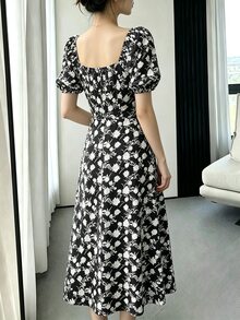 Tideelle Ditsy Floral Square Neck Elegant Short Sleeve Summer Dress - Black - View 4