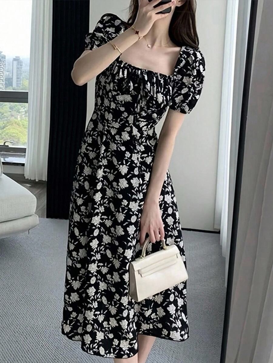Tideelle Ditsy Floral Square Neck Elegant Short Sleeve Summer Dress - Black - View 1