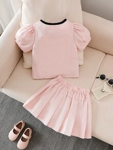 Elladie kids 2件套女童夏季撞色碎花装饰泡泡袖上衣和蝴蝶结百褶裙套装，适合户外活动 - 粉色 - 查看 3