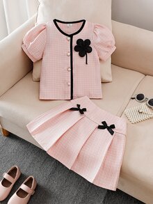Elladie kids 2件套女童夏季撞色碎花装饰泡泡袖上衣和蝴蝶结百褶裙套装，适合户外活动 - 粉色 - 查看 5