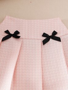 Elladie kids 2件套女童夏季撞色碎花装饰泡泡袖上衣和蝴蝶结百褶裙套装，适合户外活动 - 粉色 - 查看 6