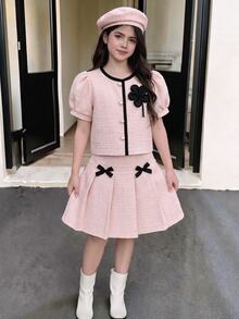 Elladie kids 2件套女童夏季撞色碎花装饰泡泡袖上衣和蝴蝶结百褶裙套装，适合户外活动 - 粉色 - 查看 4