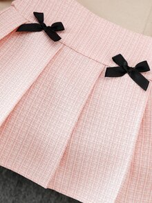 Elladie kids 2件套女童夏季撞色碎花装饰泡泡袖上衣和蝴蝶结百褶裙套装，适合户外活动 - 粉色 - 查看 9