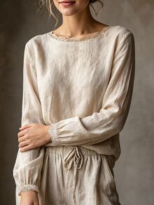 SHEIN 女款休閒優雅淺米色圓領蕾絲飾邊極簡通勤百搭日常襯衫 - 杏色 - 查看 5