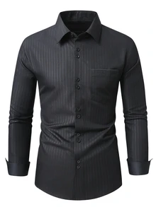 Manfinity CasualCool Men's Solid Color Embossed Stripe Button Design Formal Long Sleeve Shirt - Black - View 4