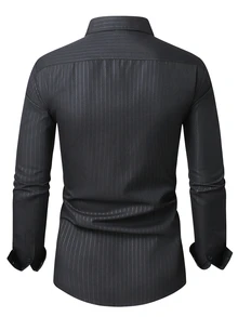 Manfinity CasualCool Men's Solid Color Embossed Stripe Button Design Formal Long Sleeve Shirt - Black - View 2