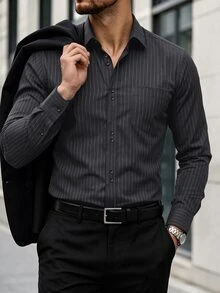 Manfinity CasualCool Men's Solid Color Embossed Stripe Button Design Formal Long Sleeve Shirt - Black - View 3