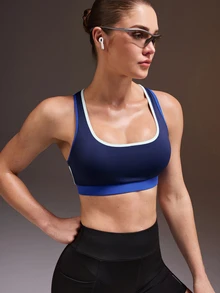 Powerista Women's Colorblock Patchwork Sports Bra Blue Faux Two-Piece Support Race Back  Workout Gym Running Daily Going Out Running Causal Fashion Training - Blue - View 2