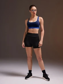 Powerista Women's Colorblock Patchwork Sports Bra Blue Faux Two-Piece Support Race Back  Workout Gym Running Daily Going Out Running Causal Fashion Training - Blue - View 5