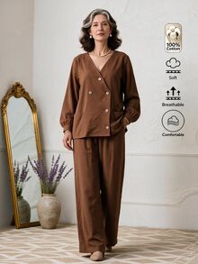 Omancia Women Autumn Casual 2 Pieces Set, Brown V‑Neck Wrap Double‑Breasted Balloon Sleeve Top, Wide Leg Cotton Trousers With Pockets, For Daily Commute - Coffee Brown - View 3