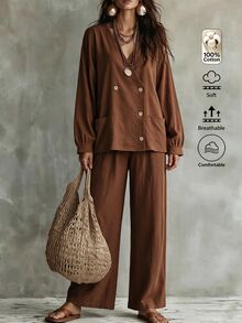 Omancia Women Autumn Casual 2 Pieces Set, Brown V‑Neck Wrap Double‑Breasted Balloon Sleeve Top, Wide Leg Cotton Trousers With Pockets, For Daily Commute - Coffee Brown - View 6