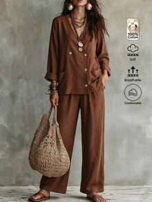 Omancia Women Autumn Casual 2 Pieces Set, Brown V‑Neck Wrap Double‑Breasted Balloon Sleeve Top, Wide Leg Cotton Trousers With Pockets, For Daily Commute - Coffee Brown - View 4