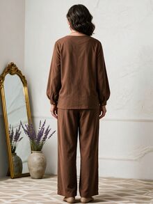 Omancia Women Autumn Casual 2 Pieces Set, Brown V‑Neck Wrap Double‑Breasted Balloon Sleeve Top, Wide Leg Cotton Trousers With Pockets, For Daily Commute - Coffee Brown - View 2