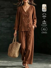 Omancia Women Autumn Casual 2 Pieces Set, Brown V‑Neck Wrap Double‑Breasted Balloon Sleeve Top, Wide Leg Cotton Trousers With Pockets, For Daily Commute - Coffee Brown - View 5