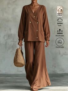 Omancia Women Autumn Casual 2 Pieces Set, Brown V‑Neck Wrap Double‑Breasted Balloon Sleeve Top, Wide Leg Cotton Trousers With Pockets, For Daily Commute - Coffee Brown - View 1