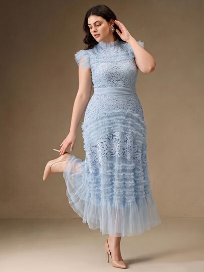 Anewsta Women's Elegant Elegant Round Neck Hollow Embroidery Water-Soluble Floral Cinched Waist Flared Hem Ruffle Short Sleeve Dress, Elegant, Formal, Party, Chic, Work, Graduation, Wedding, Redress