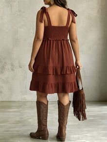 LanaWest CURVE Women's Western Country Solid Color Ruffle Hem Smocked Waist A-Line Tie Shoulder Strap Dress Fall Brunch Vacation Brown Goth Layered Ruffle Hem Brown - Coffee Brown - View 2