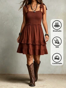 LanaWest CURVE Women's Western Country Solid Color Ruffle Hem Smocked Waist A-Line Tie Shoulder Strap Dress Fall Brunch Vacation Brown Goth Layered Ruffle Hem Brown - Coffee Brown - View 3