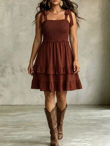 LanaWest CURVE Women's Western Country Solid Color Ruffle Hem Smocked Waist A-Line Tie Shoulder Strap Dress Fall Brunch Vacation Brown Goth Layered Ruffle Hem Brown - Coffee Brown - View 6